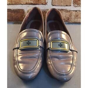 Tory Burch Georgia Patent Leather Loafers Womens Size 9M Grigio Spongy Gold Logo